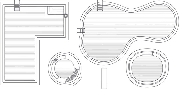 A variety of pool designs showing elegant architectural concepts in top view. It offers a glimpse into innovative concepts for residential and commercial.