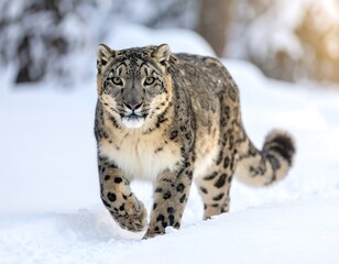 A magnificent feline, with thick fur and striking markings, confidently strides across a snow-covered trail towards the viewer. The winter landscape provides a serene background