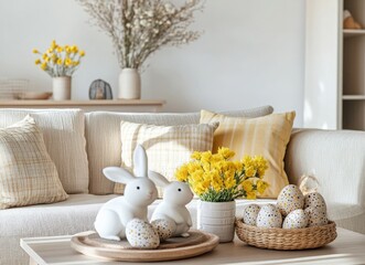 easter still life with eggs and bunny