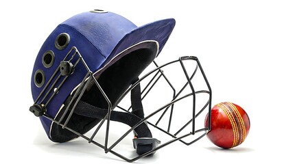 Cricket helmet with red ball on white background
