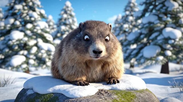 An animated groundhog observes the falling snowflakes in a beautiful winter forest scene