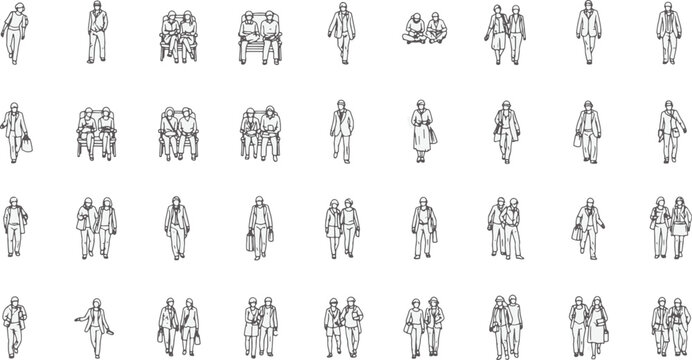 A collection of meticulously drawn architectural figures, each poised in a unique pose, presents a diverse range of individuals, ready to bring your design to life. 