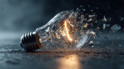Shattered light bulb with glowing filament on dark surface.