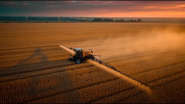 A cinematic aerial top-down view of a harvester working in a vast field at sunset