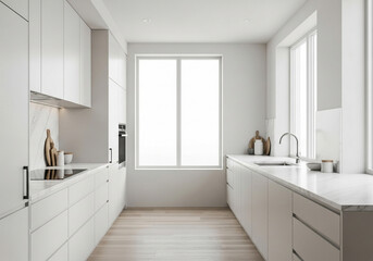 Modern kitchen interior designed for real estate marketing, minimalist style with no visible appliances, large windows