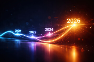 Road to successful 2026 concept futuristic timeline with glowing year markers 2020 2022 2024 and 2026 vibrant light trails symbolizing progress and goal oriented journey