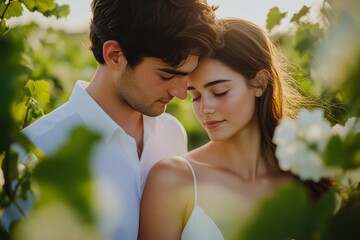 Young couple embracing tenderly amidst lush greenery with soft sunlight illuminating their faces