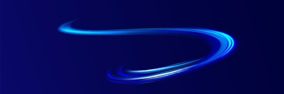 Semicircular wave, light vortex wake. Bright circle. Set of abstract light lines of movement and speed. Light line effect blue neon glow flare wave glowing shiny speed lines effect vector background.