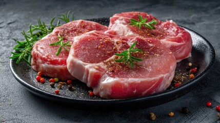 Fototapeta premium Three pieces of raw meat are placed on a black plate. Sprigs of herbs and a fine mix of spices are visible indicating preparation for a meal in a kitchen setting.