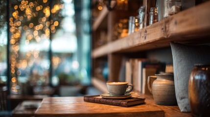 A warm coffee shop shows a wooden table with a cup of coffee and books. Soft lights create a relaxed atmosphere. People enjoy drinks and conversation in the background.