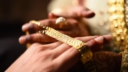 Wedding hands holding gold jewelry.