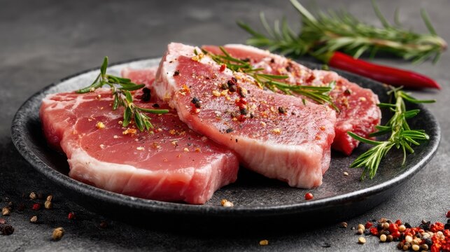 Three raw pork chops are placed on a black plate. They are garnished with pepper herbs and spices. Red chili and rosemary add color to the presentation.