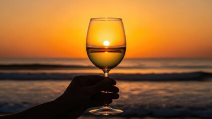 Silhouette hand holding wine glass against vibrant sunset over ocean waves