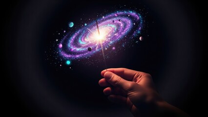 A hand holding a vibrant galaxy with stars and planets in a dark space