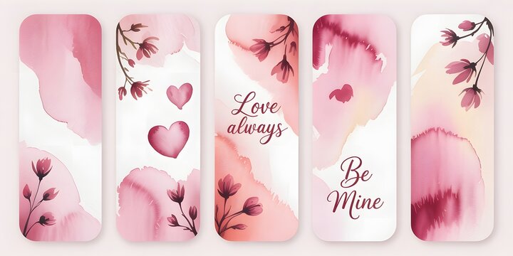 Elegant pink and white watercolor floral bookmarks with romantic calligraphy designs