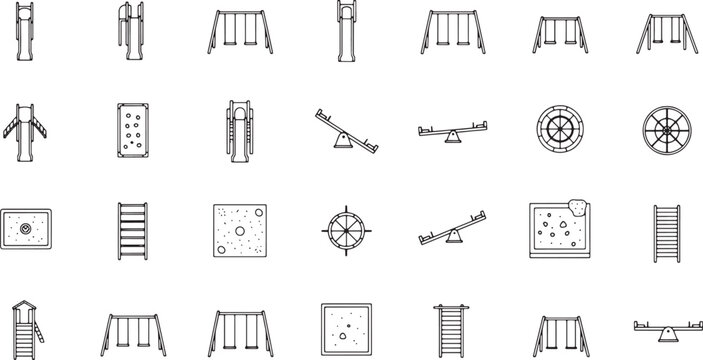 A top-down view of playground equipment, offering a unique perspective on the layout and design of various play structures. It evokes a sense of organized recreation.