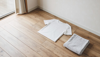 木目の床に置かれた白いTシャツとタオル