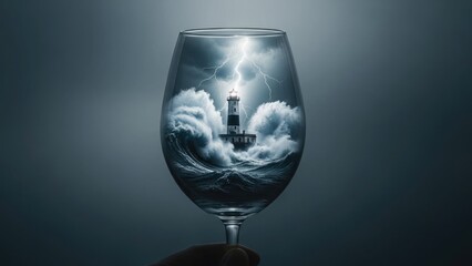 A serene lighthouse stands tall amidst turbulent waves inside a wine glass