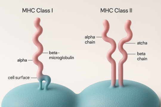 Informative biomedical comparison chart shows MHC class I and II receptor structure. detailed immunology illustration of major histocompatibility complex on cell surface