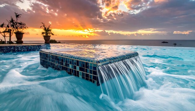 A luxurious infinity pool with a waterfall feature overlooks a vast ocean as the sun sets, casting golden rays through the clouds