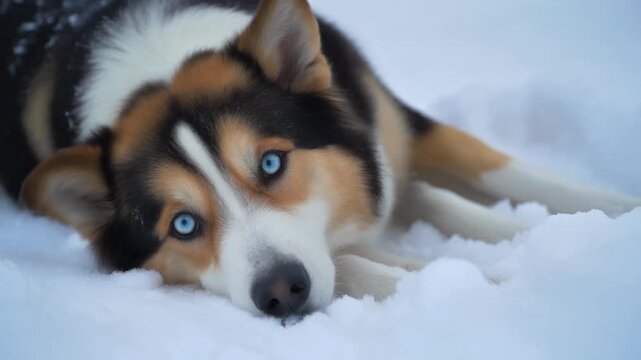 A dog with blue eyes and black, brown, and white fur is looking up from laying in the fresh .