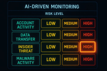 AI driven monitoring panel shows high risk level for insider threat. glowing red indicator on dark dashboard signals critical cybersecurity alert for data transfer