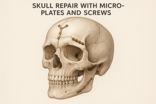 Anatomical visualization of skull repair using micro plates and screws. detailed medical illustration showing surgical procedure for head trauma recovery or craniotomy