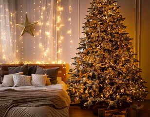 Cozy New Year's interior. Large Christmas tree decorated with bright garlands and golden sta.jpg