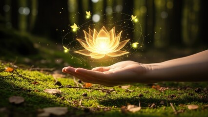 A serene hand holding a glowing lotus flower in a forest