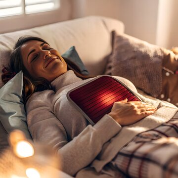Menstrual Pain Relief at Home. Woman holding heating pad on abdomen&mdash;menstrual pain relief and self-care concept in soft lifestyle lighting.