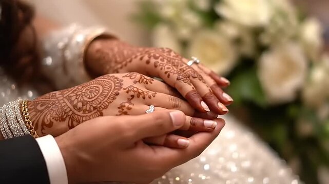 Wedding rings with brides henna hands  grooms hand.