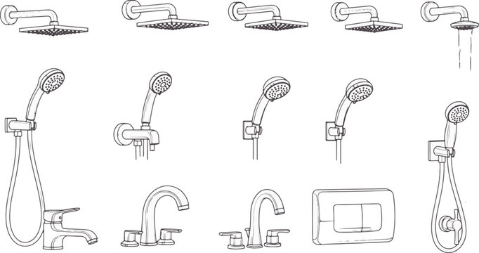 Detailed drawings showcase diverse designs and features of showerheads, faucets and fixtures, highlighting functionality and aesthetic possibilities in bathroom design.