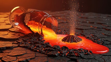 Molten lava erupting from a miniature volcano on cracked earth with a glass container spilling liquid nearby