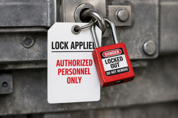 Critical equipment lockout point featuring red padlock and white warning tag. serious safety procedure indicates danger, with locked out sign for authorized personnel only access