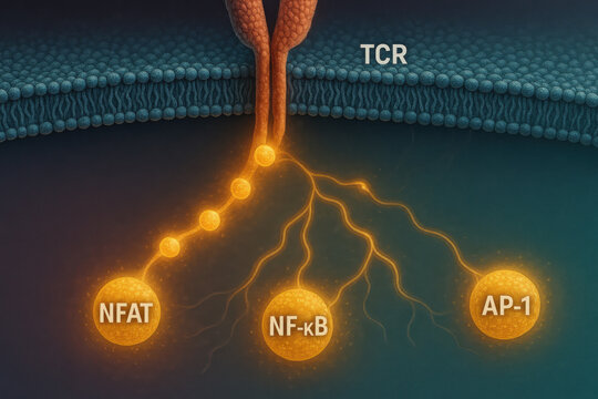 T cell receptor activation diagram for immunology research. signal transduction cascade from cell membrane lights up pathways to activate