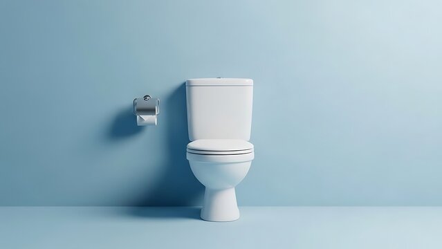 White toilet with toilet paper holder on blue wall and floor bathroom