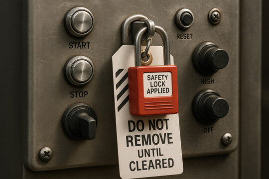Serious lockout tagout safety procedure on an industrial control panel. red padlock and hazard warning tag signal de energized machine, ensuring workplace protection