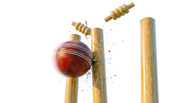 Cricket ball hitting stumps with flying bails
