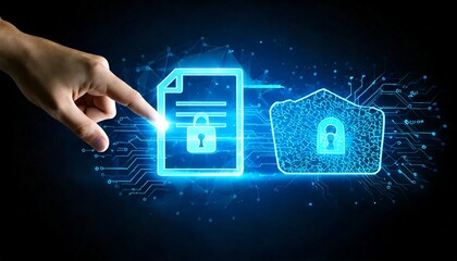  Hand touching glowing digital document and secure folder on dark gradient background with lo.jpg