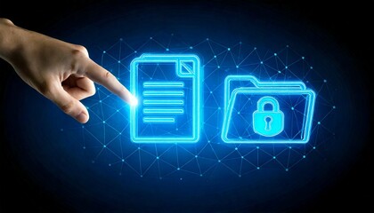  Hand touching glowing digital document and secure folder on dark gradient background with lo.jpg