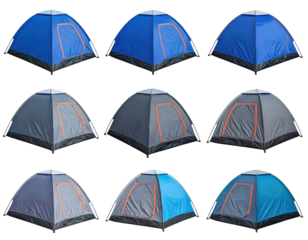 Nine Camping Tents In Various Shades Of Blue And Grey Isolated On A Transparent Background