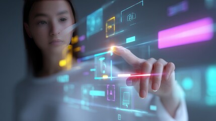 Woman interacting with futuristic interface