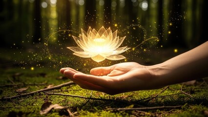 A serene hand holding a glowing lotus flower in a mystical forest environment