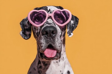 Harlequin Great Dane puppy wearing novelty heart shaped sunglasses against a solid background © AlparadiseDesign