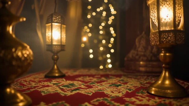 Warmly lit lanterns on ornate metal stands placed on a vibrant red and gold patterned rug in a cozy room with string lights.