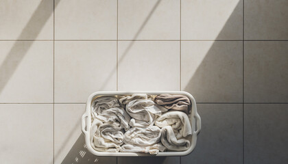 真上から見た洗濯物入りのランドリーバスケット