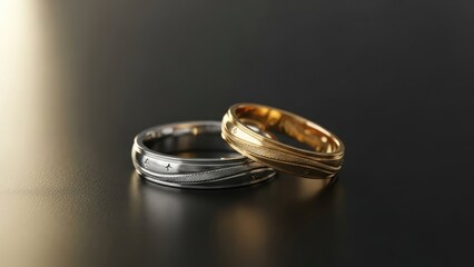 Two wedding rings, one gold and one silver, placed on a dark reflective surface, captured from a slight angle.