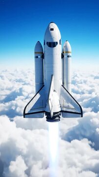 A white spacecraft ascends through fluffy clouds under a bright blue sky