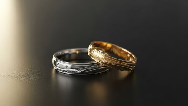 Two wedding rings, one gold and one silver, placed on a dark reflective surface, captured from a slight angle.