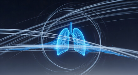 3D illustration of a digital glowing blue holographic human lung model with data motion trails representing future medical technology respiratory healthcare and pulmonary science innovation